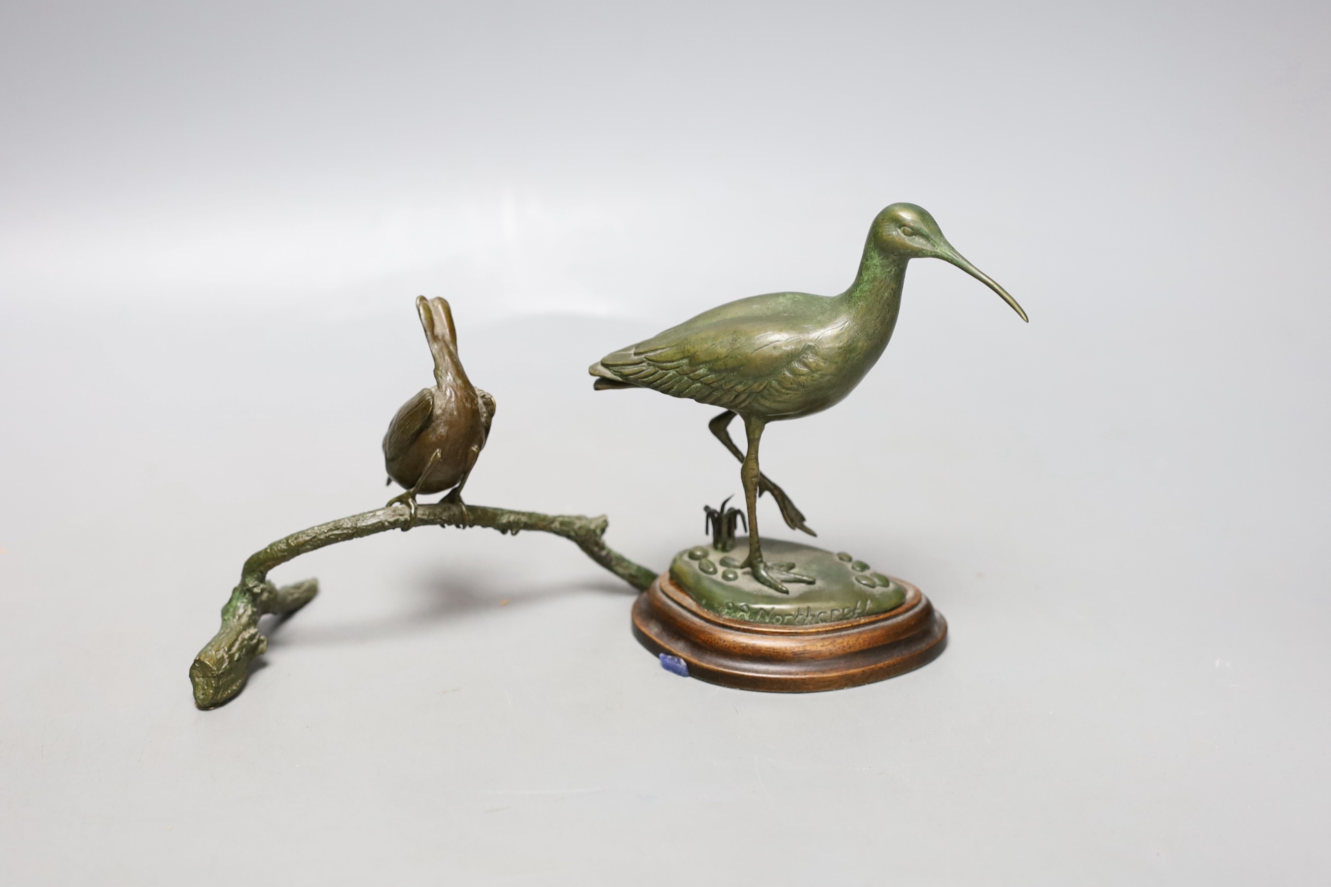 Kate Northcroft- Two limited edition bronze model of a whimbrel, 154/300 and another of a wren, 296/300, tallest 13cm